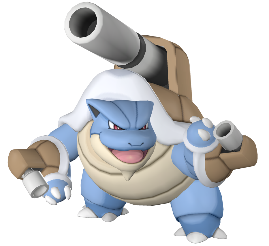 Mega Blastoise, a bipedal blue tortoise-like Pokémon with a hydro cannon on...
